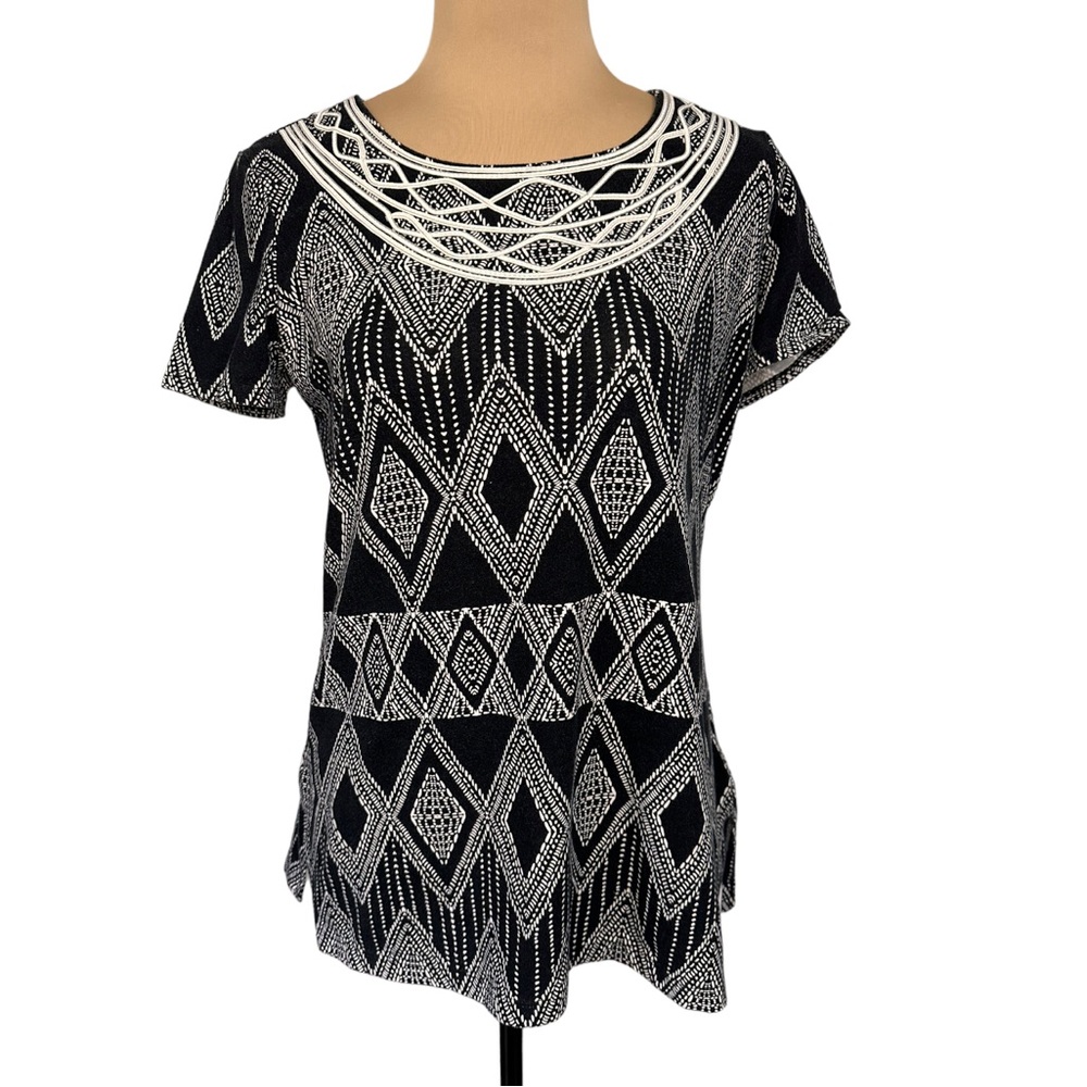 Ruby Rd. Black and White Geometric Print Top, Size S